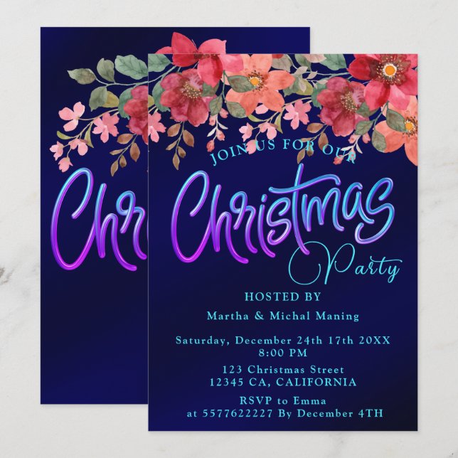 Invitation Elégant bleu royal floral faux argent Noël (Devant / Derrière)