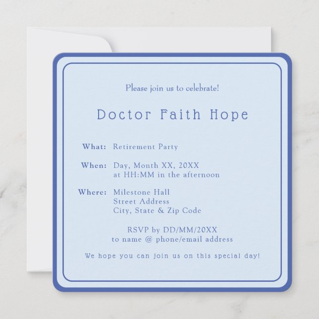 Invitation Élégant Bleu Simple Docteur Parti de retraite (Devant)