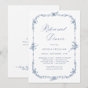 Invitation Elégant Bleu Toile Français Jardin Répétition Dîne