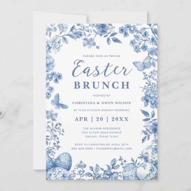 Invitation Elégant Bleu Toile Whimsical Floral Brunch de Pâqu (Devant)