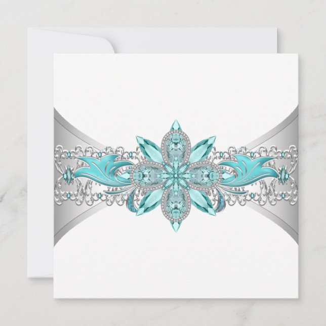 Invitation Elégant bleu turquoise et Mariage argenté (Devant)