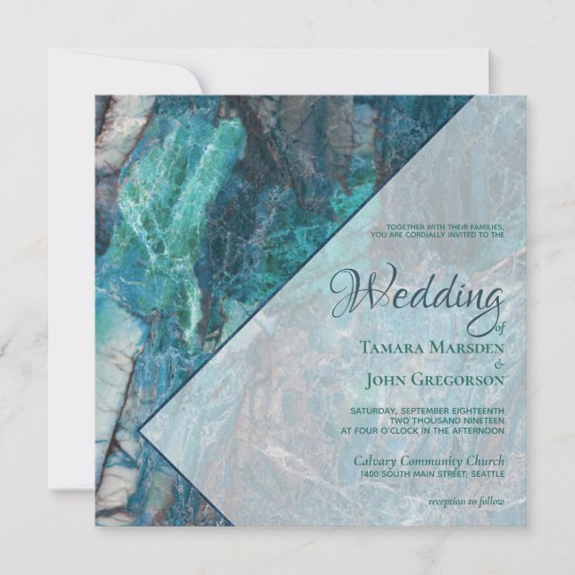 Invitation Elégant bleu Turquoise marbre vert Mariage géométr (Devant)