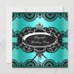 Invitation Elégant bleu Turquoise noir dentelle d'argent Anni