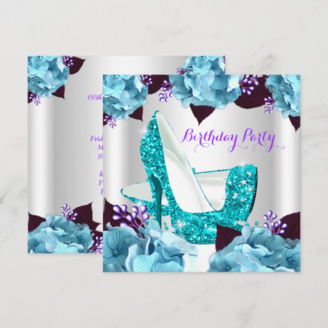 Invitation Elégant bleu Turquoise pourpre Hi Heels Anniversai (Devant / Derrière)