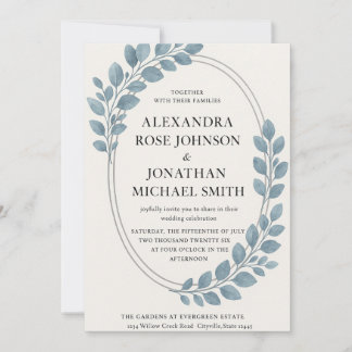 Invitation Elégant Bleu Vert & Argent Oval Moderne