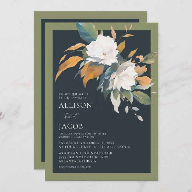 Invitation Élégant bleu vert blanc Mariage floral (Devant / Derrière)