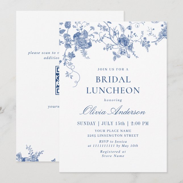 Invitation Élégant Bleu Victorien Floral BRIDAL LUNCHEON (Devant / Derrière)