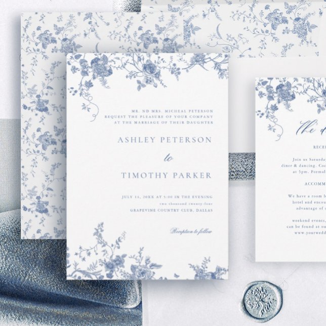 Invitation Elégant bleu Vintage Floral Mariage (Créateur téléchargé)