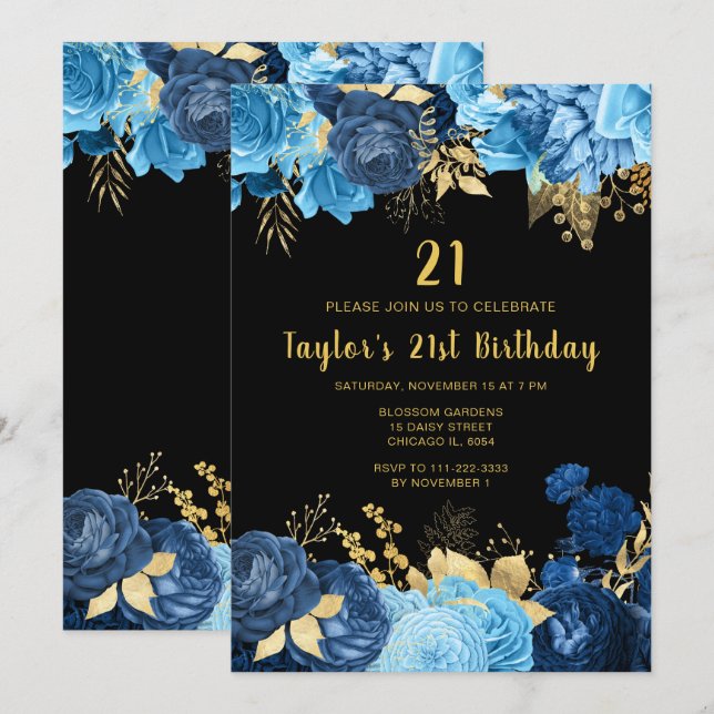 Invitation Elegant Blue and Gold Flowers Birthday Party (Devant / Derrière)