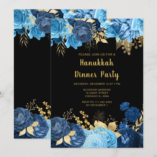 Invitation Elegant Blue and Gold Flowers Hanukkah Party (Devant / Derrière)