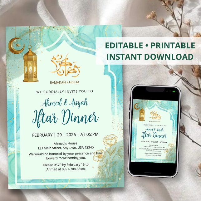 Invitation Elegant Blue and Gold with marble texture Iftar (Créateur téléchargé)