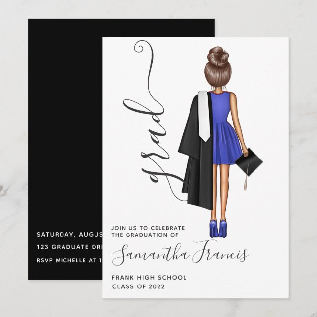 Invitation Elégant Blue and White Girl Graduation Party Invit (Devant / Derrière)