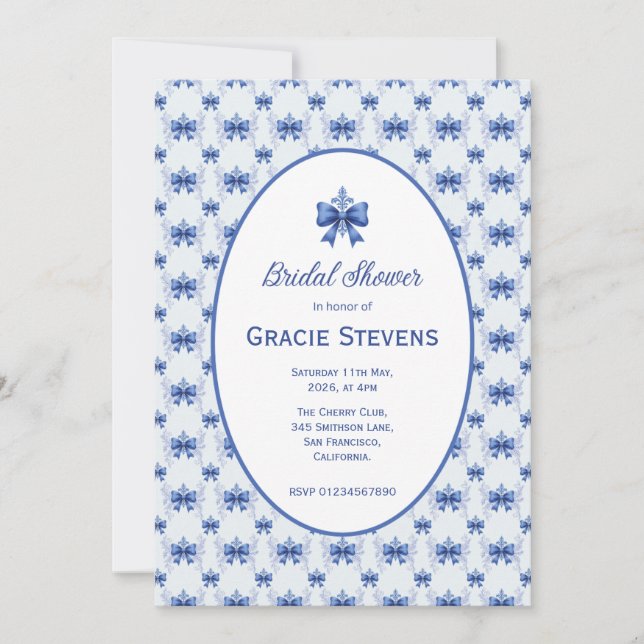 Invitation Elegant Blue Bow Bridal Shower (Devant)