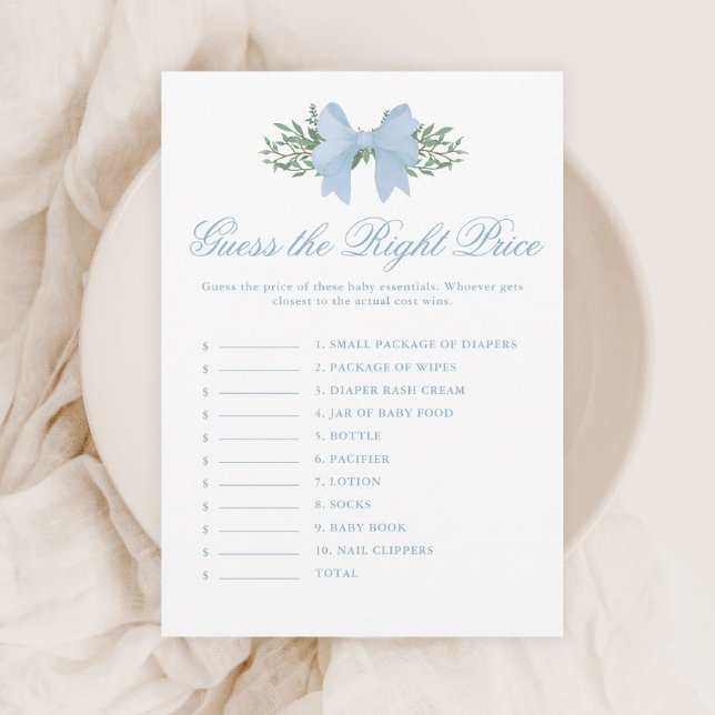 Invitation Elegant Blue Bow Guess du jeu de Baby shower de pr (Elegant Blue Bow Guess the Right Price Baby Shower Games.)