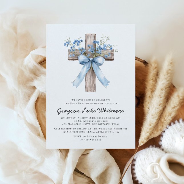 Invitation Elegant Blue Bow Wildflowers Baptism (Créateur téléchargé)
