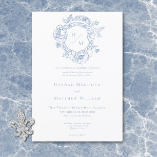 Invitation Elégant Blue Chinoiserie Bird & Crest Mariage