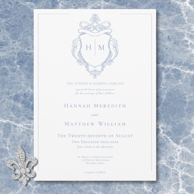 Invitation Elégant Blue Chinoiserie Bird & Crest Mariage (Elegant Blue Chinoiserie Bird & Crest Wedding Invitation)