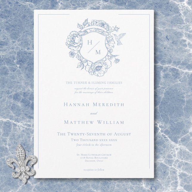 Invitation Elégant Blue Chinoiserie Bird & Crest Mariage (Elegant Blue Chinoiserie Bird & Crest Wedding Invitation)