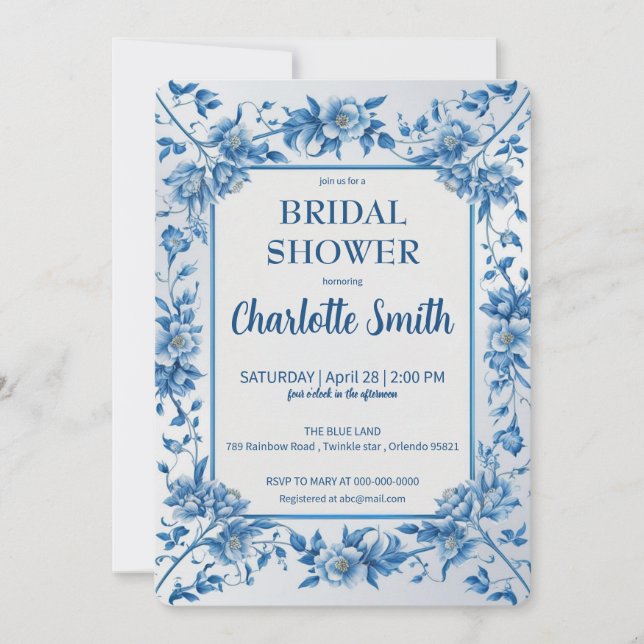 Invitation Elégant Blue Chinoiserie Floral nuptiale (Devant)
