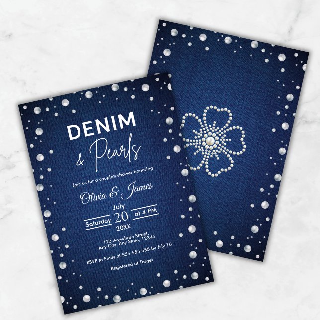 Invitation Elégant Blue Denim et Pearls Couple's Shower (Elegant Blue Denim and Pearls Couple's Shower Invitation     )