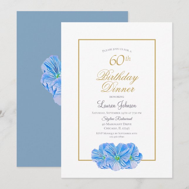 Invitation Elégant Blue Floral 60e Anniversaire Dîner (Devant / Derrière)
