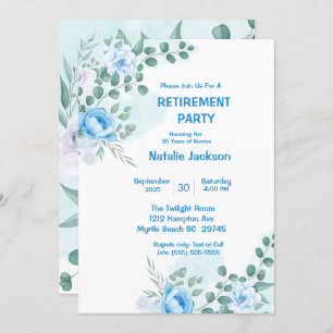 Invitation Elégant Blue Floral Aquarelle Parti de retraite