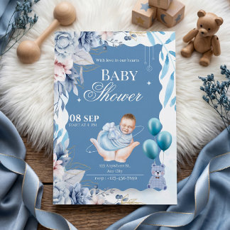 Invitation Elegant Blue Floral Baby Boy Welcome