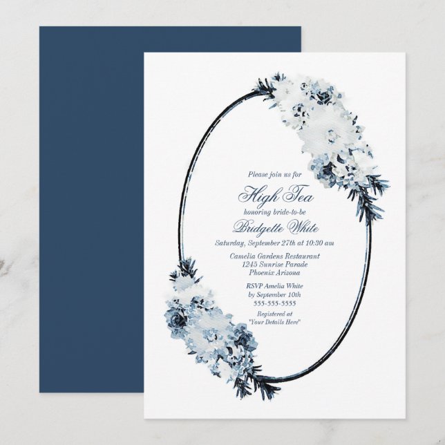 Invitation Elégant Blue Floral Bridal High Tea (Devant / Derrière)