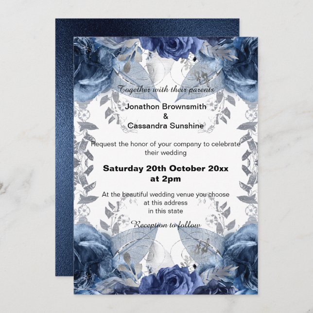 INVITATION ÉLÉGANT BLUE FLORAL NAVY MARIAGE (Devant / Derrière)