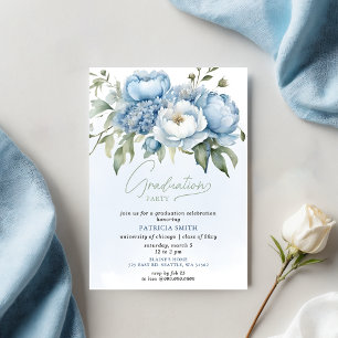 Invitation Elégant Blue Floral Photo Party Graduation