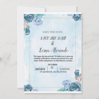 Invitation Elegant Blue Floral Watercolor Wedding Save the Da