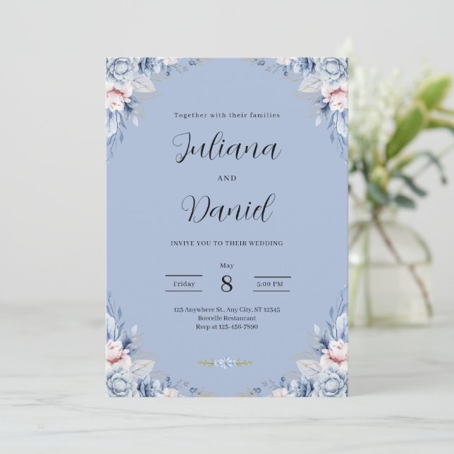 Invitation Elegant Blue Floral Wedding Tropical wedding  (Debout devant)