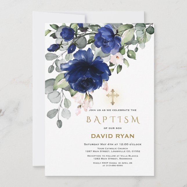 Invitation Elégant Blue Flowers Gold Cross Boy Baptême (Devant)