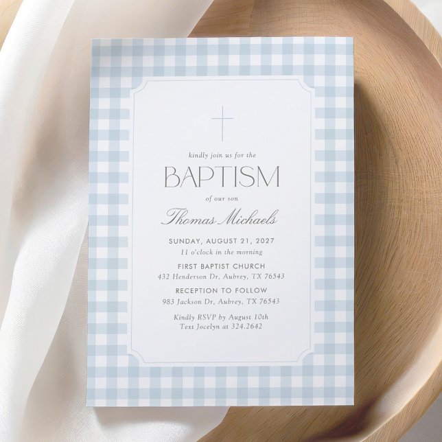 Invitation Elegant Blue Gingham Cross Boy Baptism (Créateur téléchargé)