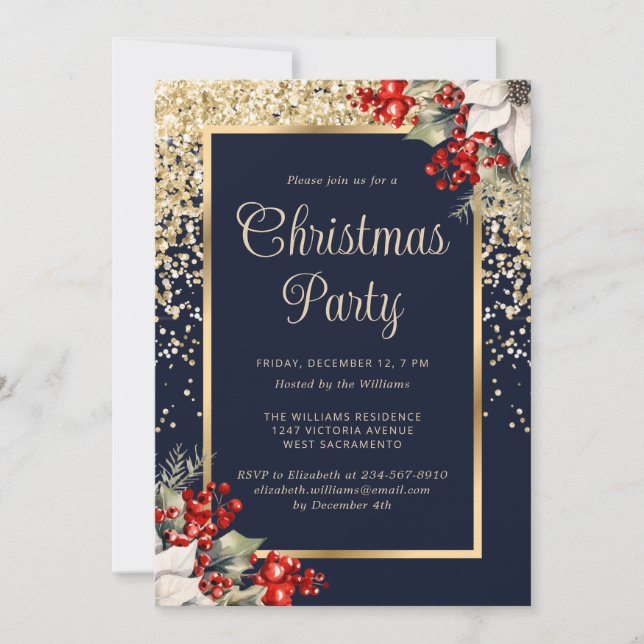 Invitation Elegant Blue Gold Botanical Christmas Party (Devant)