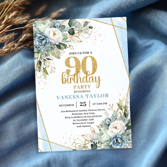 Invitation Elegant Blue Gold Floral 90th Birthday Party Card (Elegant Blue Gold Floral 90th Birthday Party Card)