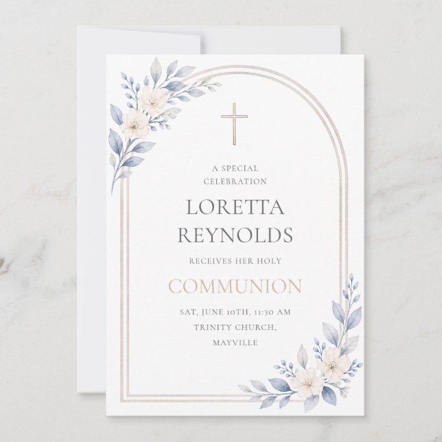 Invitation Elegant Blue Gold Floral Arch Holy Communion (Devant)