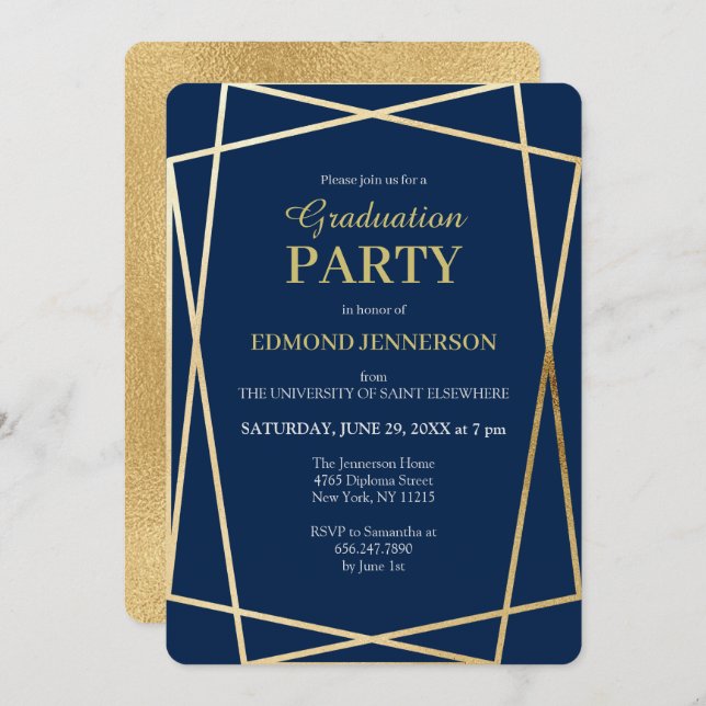 Invitation Elégant Blue Gold Geometry 2025 Graduation Party (Devant / Derrière)