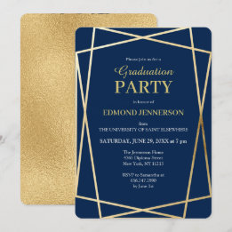 Invitation Elégant Blue Gold Geometry 2025 Graduation Party