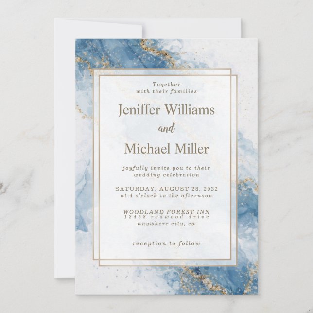 Invitation Elegant Blue Gold Glitter Abstract Flow            (Devant)