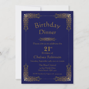 Invitation Elégant Blue Gold Lace 21e anniversaire Dîner Invi