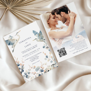 Invitation Elegant Blue Herons Photo QR Code Mariage