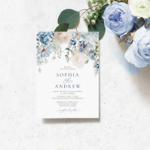 Invitation Elégant Blue Hydrangea & Blush Rose Mariage