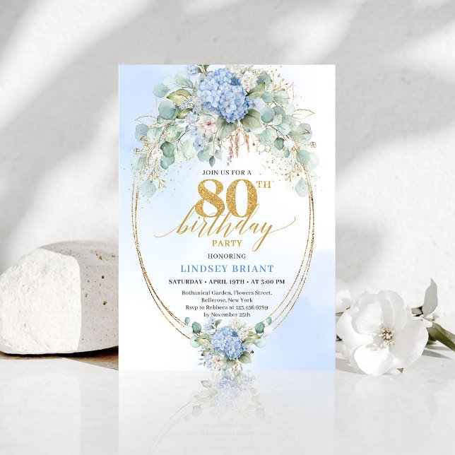 Invitation Elegant Blue Hydrangea Eucalyptus 80th Birthday  (Elegant Blue Hydrangea Eucalyptus 80th Birthday Invite)