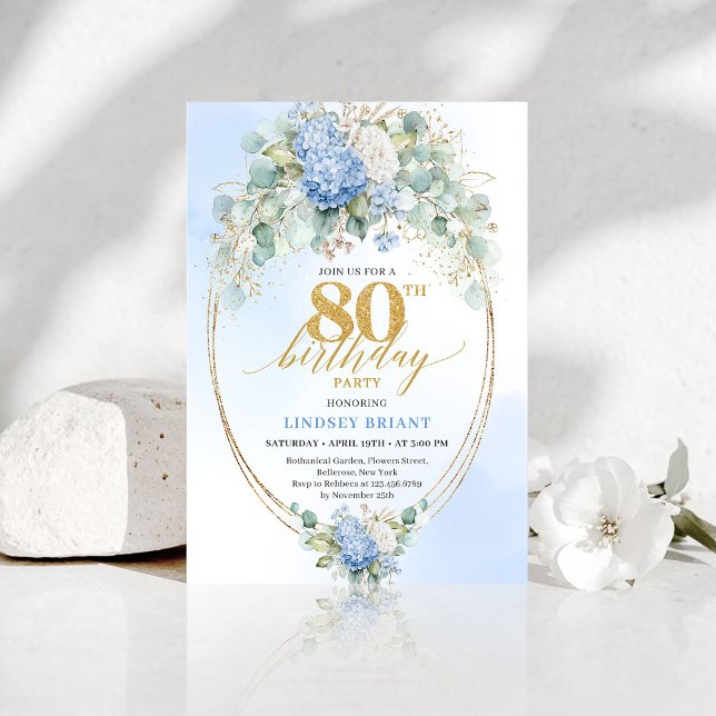 Invitation Elegant Blue Hydrangea Floral 80th Birthday Invite (Elegant Blue Hydrangea Floral 80th Birthday Invite)