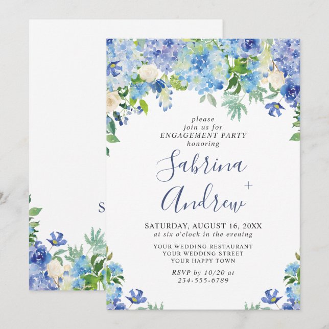 Invitation Élégant Blue Hydrangea Floral ENGAGEMENT PARTY (Devant / Derrière)