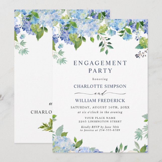 Invitation Élégant Blue Hydrangea Floral ENGAGEMENT PARTY (Devant / Derrière)