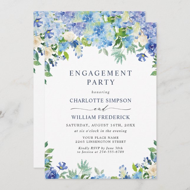 Invitation Élégant Blue Hydrangea Floral ENGAGEMENT PARTY (Devant / Derrière)