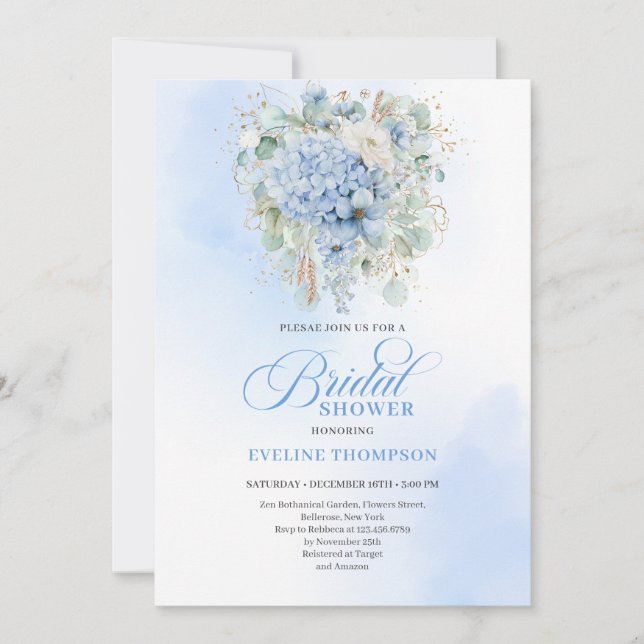Invitation Elegant Blue Hydrangea Gold Bridal Shower Invite (Devant)