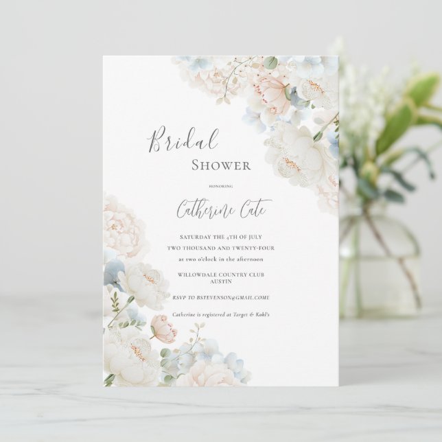 Invitation Elegant Blue Hydrangea Peonies Bridal Shower  (Debout devant)
